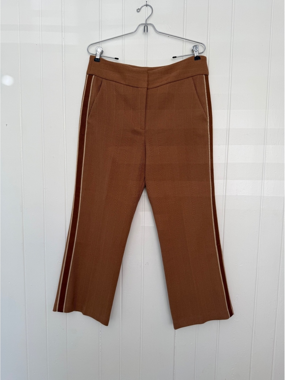 Veronica Beard Women's Size 10 Brown Cropped Wide Leg Pants with Side Stripe